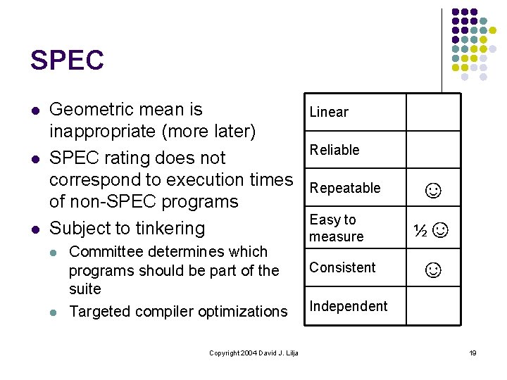 SPEC l l l Geometric mean is inappropriate (more later) SPEC rating does not