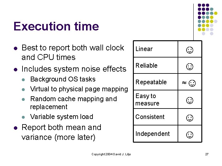 Execution time l l Best to report both wall clock and CPU times Includes