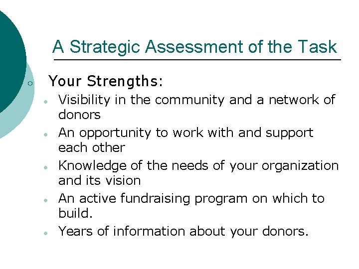 A Strategic Assessment of the Task Your Strengths: ○ ● ● ● Visibility in