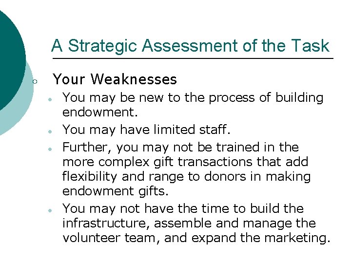 A Strategic Assessment of the Task Your Weaknesses ○ ● ● You may be