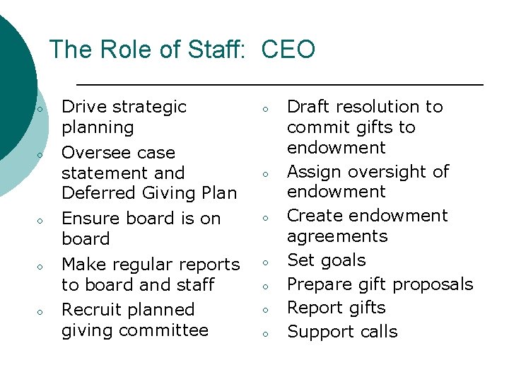 The Role of Staff: CEO ○ ○ ○ Drive strategic planning Oversee case statement