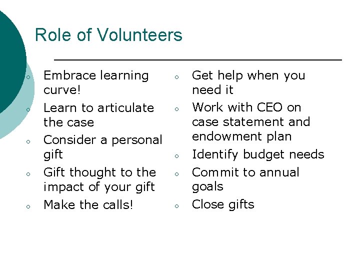 Role of Volunteers ○ ○ ○ Embrace learning curve! Learn to articulate the case