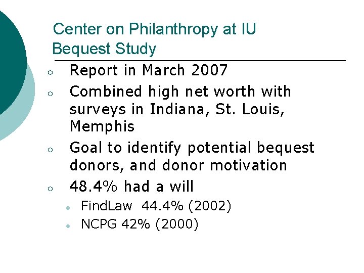 Center on Philanthropy at IU Bequest Study ○ ○ Report in March 2007 Combined