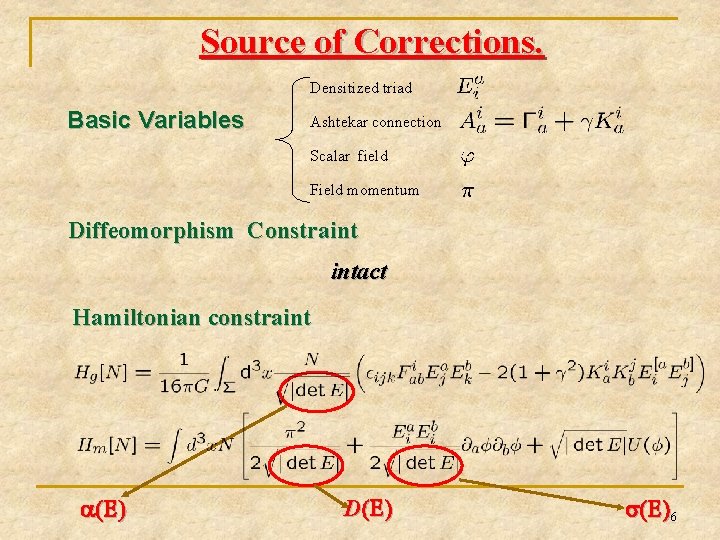 Source of Corrections. Densitized triad Basic Variables Ashtekar connection Scalar field Field momentum Diffeomorphism