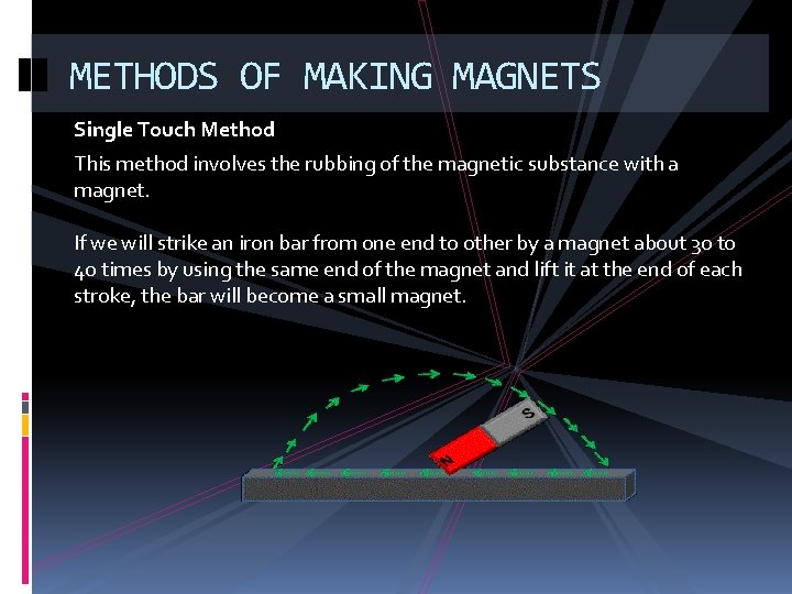 METHODS OF MAKING MAGNETS Single Touch Method This method involves the rubbing of the