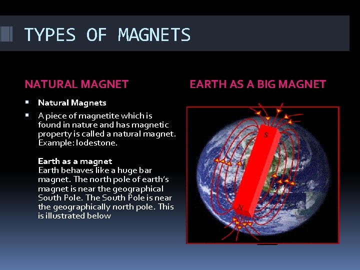 TYPES OF MAGNETS NATURAL MAGNET Natural Magnets A piece of magnetite which is found