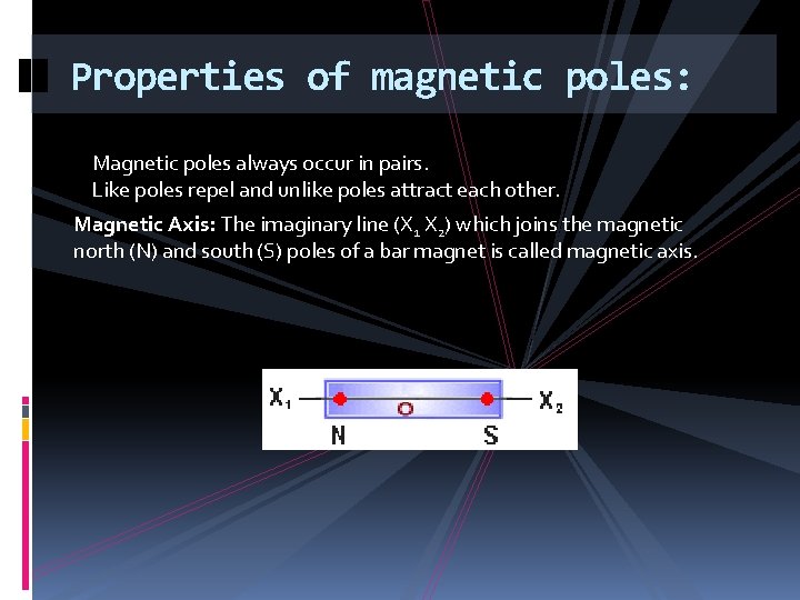 Properties of magnetic poles: Magnetic poles always occur in pairs. Like poles repel and