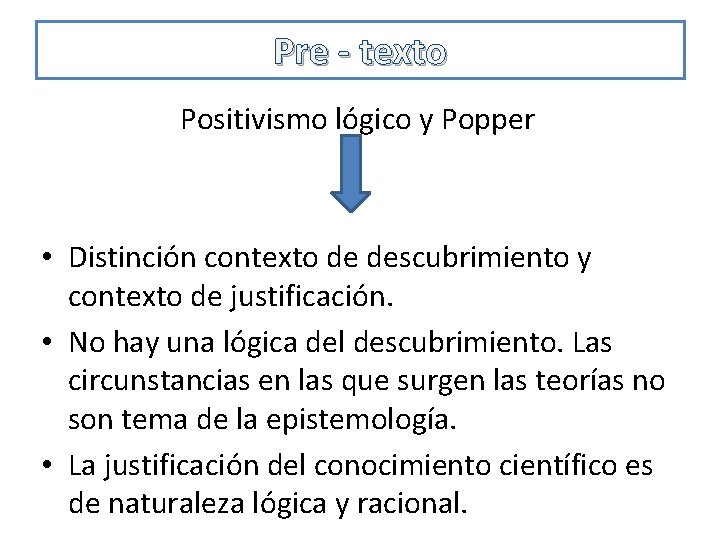 Pre - texto Positivismo lógico y Popper • Distinción contexto de descubrimiento y contexto