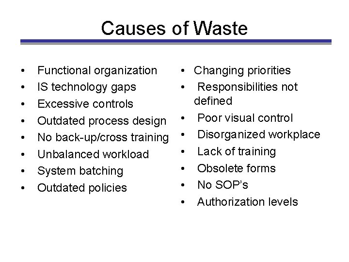Causes of Waste • • Functional organization IS technology gaps Excessive controls Outdated process