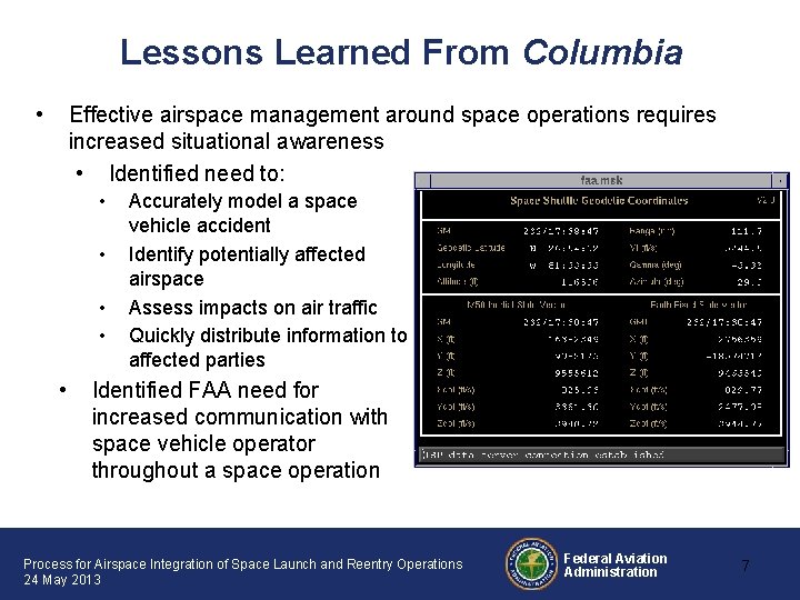 Lessons Learned From Columbia • Effective airspace management around space operations requires increased situational Lessons Learned From Columbia • Effective airspace management around space operations requires increased situational