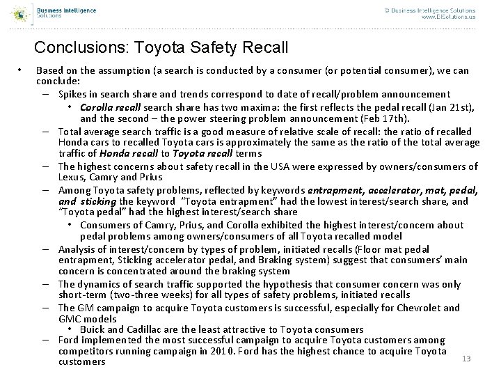 Conclusions: Toyota Safety Recall • Based on the assumption (a search is conducted by