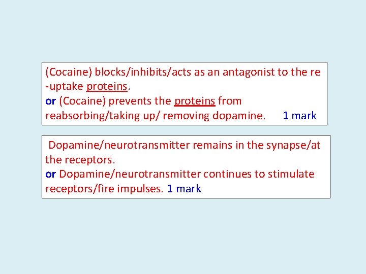 (Cocaine) blocks/inhibits/acts as an antagonist to the re -uptake proteins. or (Cocaine) prevents the