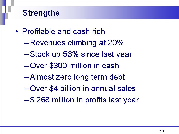 Strengths • Profitable and cash rich – Revenues climbing at 20% – Stock up