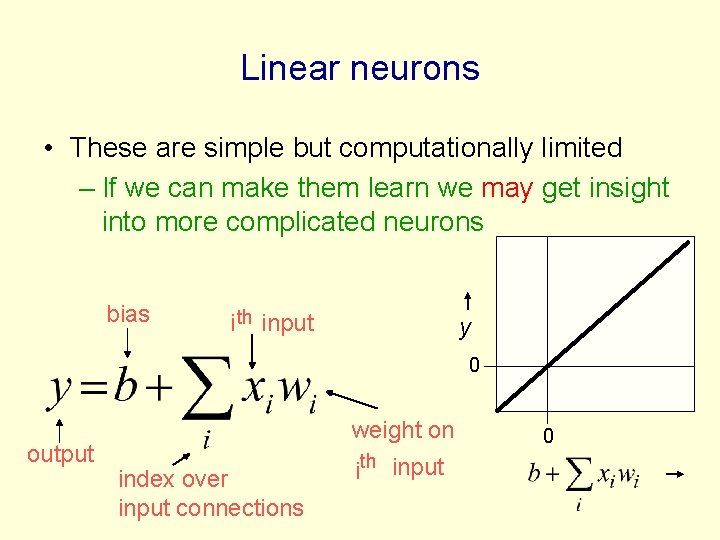 Linear neurons • These are simple but computationally limited – If we can make