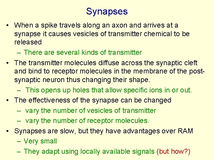 Synapses • When a spike travels along an axon and arrives at a synapse