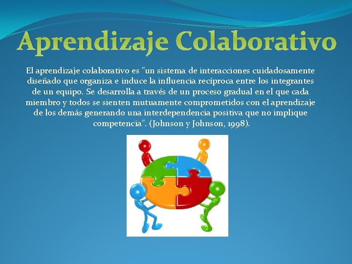 Aprendizaje Colaborativo El aprendizaje colaborativo es "un sistema de interacciones cuidadosamente diseñado que organiza