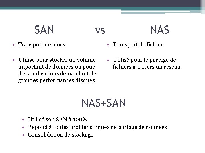 SAN vs NAS • Transport de blocs • Transport de fichier • Utilisé pour