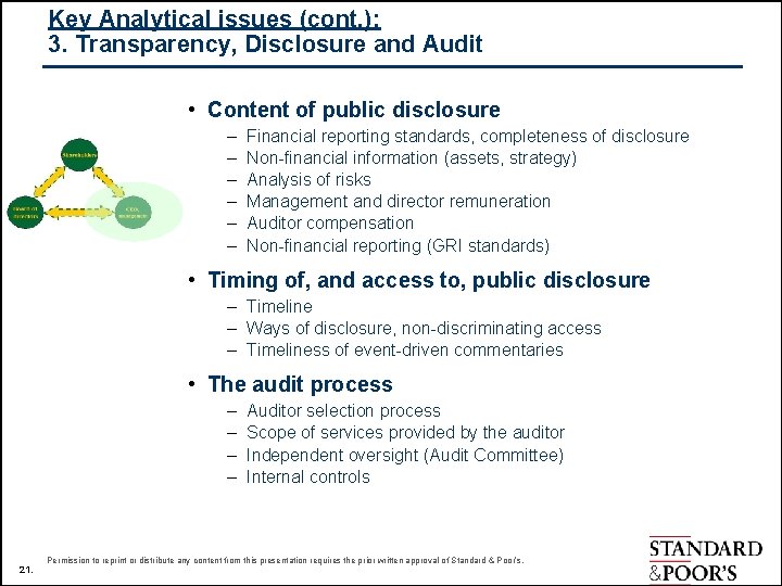 Key Analytical issues (cont. ): 3. Transparency, Disclosure and Audit • Content of public