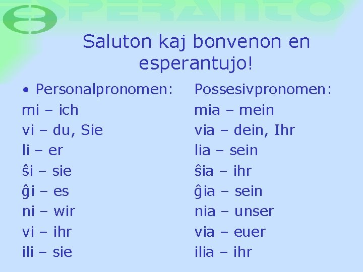 Saluton kaj bonvenon en esperantujo! • Personalpronomen: mi – ich vi – du, Sie