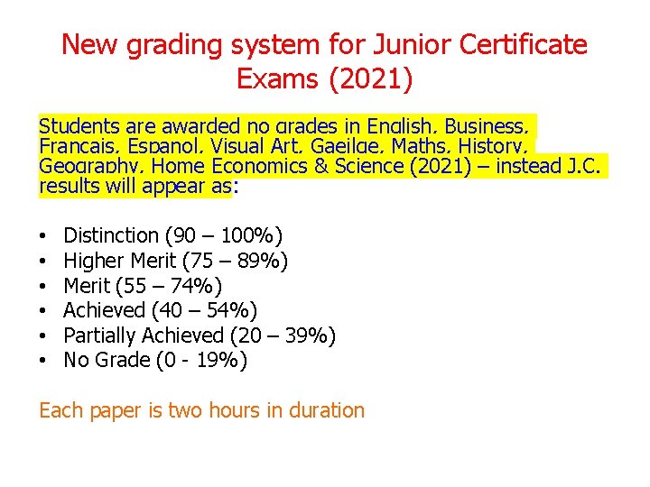 New grading system for Junior Certificate Exams (2021) Students are awarded no grades in New grading system for Junior Certificate Exams (2021) Students are awarded no grades in