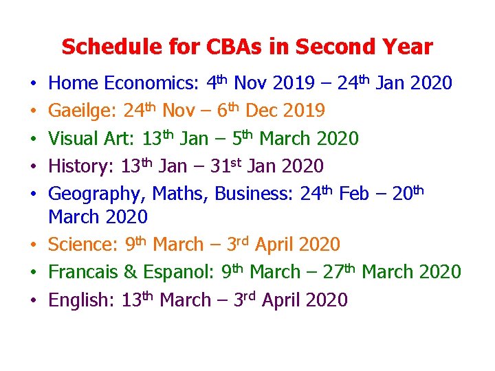 Schedule for CBAs in Second Year Home Economics: 4 th Nov 2019 – 24 Schedule for CBAs in Second Year Home Economics: 4 th Nov 2019 – 24
