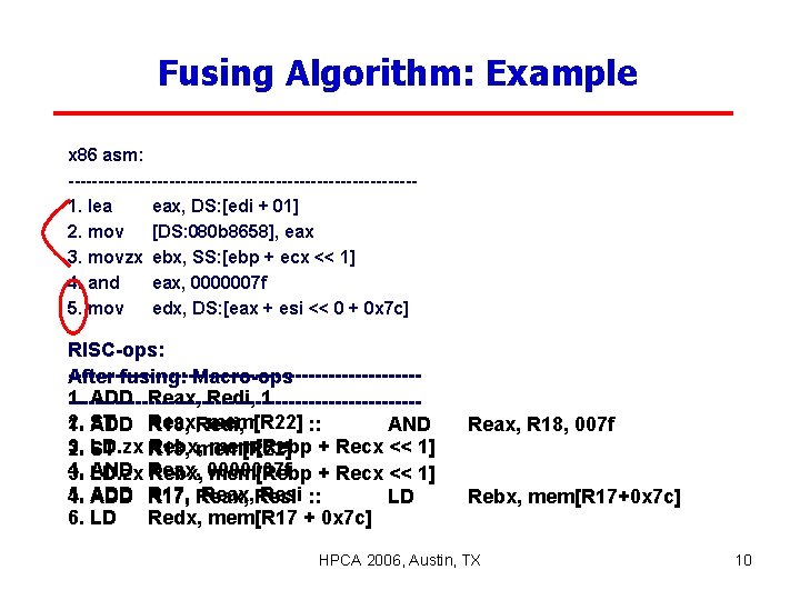 Fusing Algorithm: Example x 86 asm: -----------------------------1. lea eax, DS: [edi + 01] 2.