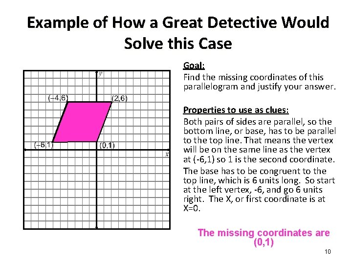 Example of How a Great Detective Would Solve this Case Goal: Find the missing