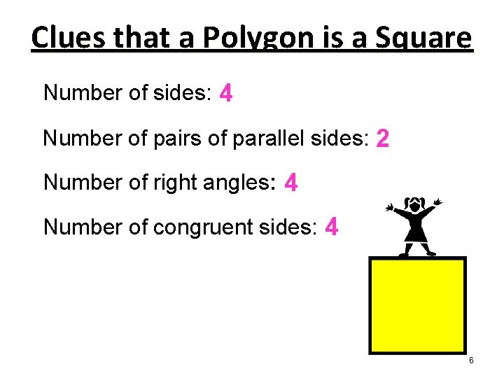 Clues that a Polygon is a Square Number of sides: 4 Number of pairs