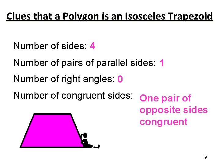 Clues that a Polygon is an Isosceles Trapezoid Number of sides: 4 Number of