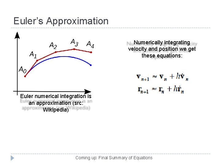 Euler’s Approximation Numerically integrating velocity and position we get these equations: Euler numerical integration