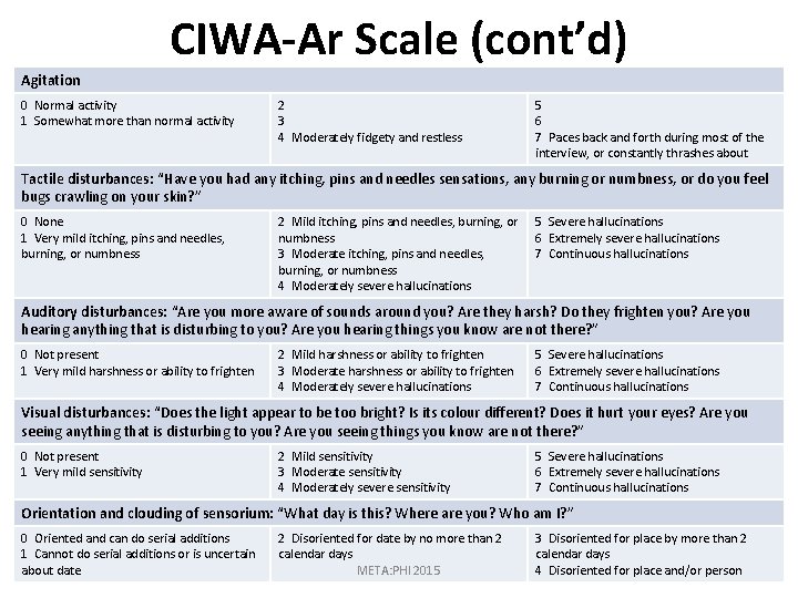 CIWA-Ar Scale (cont’d) Agitation 0 Normal activity 1 Somewhat more than normal activity 2