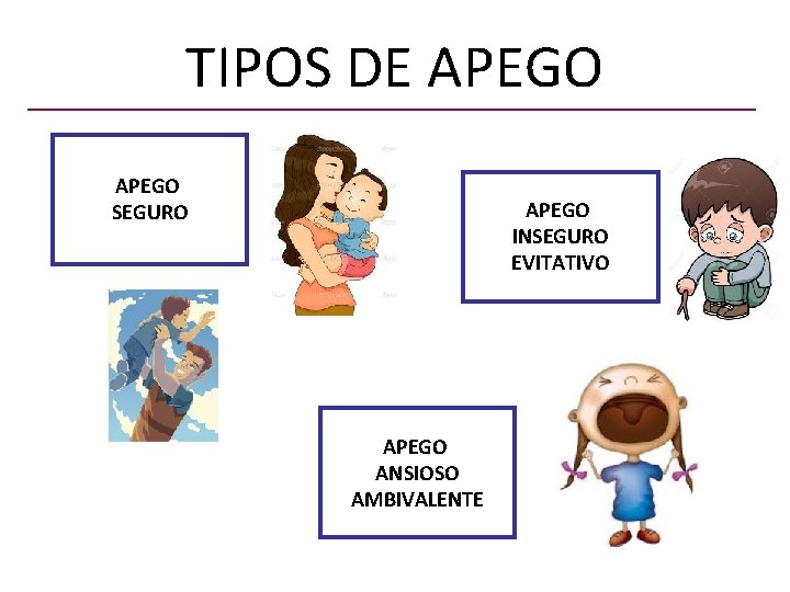 TIPOS DE APEGO SEGURO APEGO INSEGURO EVITATIVO APEGO ANSIOSO AMBIVALENTE 