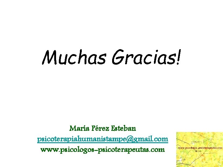 Muchas Gracias! María Pérez Esteban psicoterapiahumanistampe@gmail. com www. psicologos-psicoterapeutas. com 