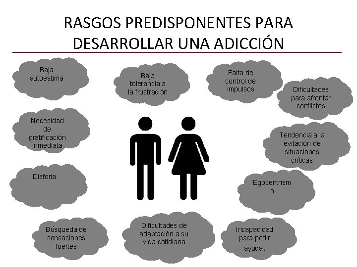 RASGOS PREDISPONENTES PARA DESARROLLAR UNA ADICCIÓN Baja autoestima Baja tolerancia a la frustración Falta