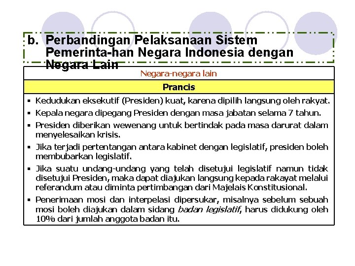 b. Perbandingan Pelaksanaan Sistem Pemerinta-han Negara Indonesia dengan Negara Lain Negara-negara lain Prancis §