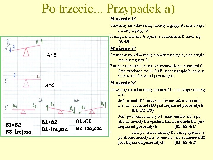 Po trzecie. . . Przypadek a) Ważenie 1° Stawiamy na jedno ramię monety z