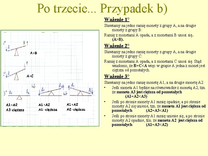 Po trzecie. . . Przypadek b) Ważenie 1° Stawiamy na jedno ramię monety z