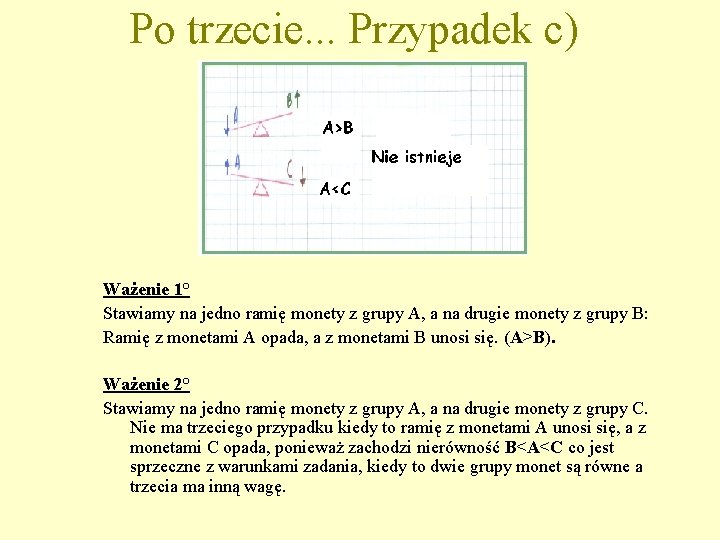 Po trzecie. . . Przypadek c) Ważenie 1° Stawiamy na jedno ramię monety z