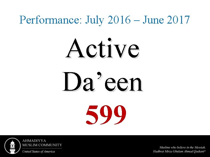 Performance: July 2016 – June 2017 Active Da’een 599 
