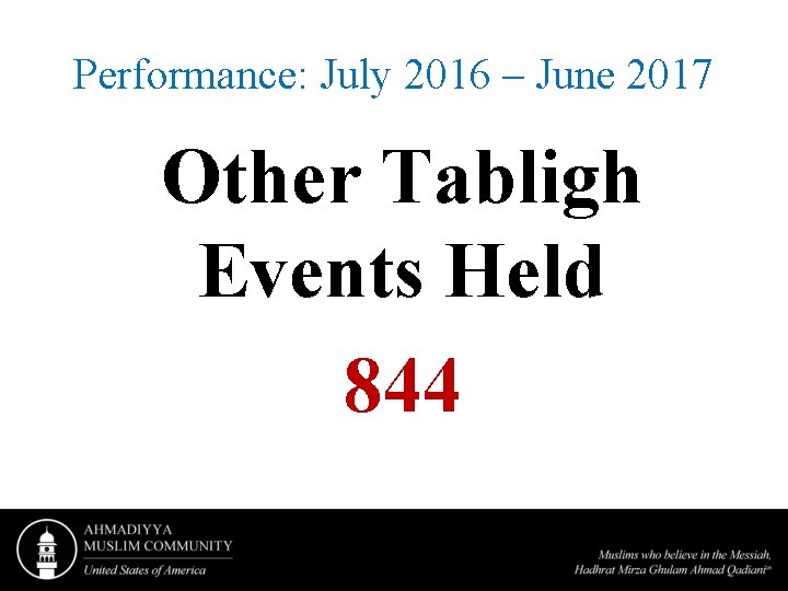 Performance: July 2016 – June 2017 Other Tabligh Events Held 844 