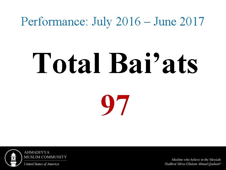 Performance: July 2016 – June 2017 Total Bai’ats 97 