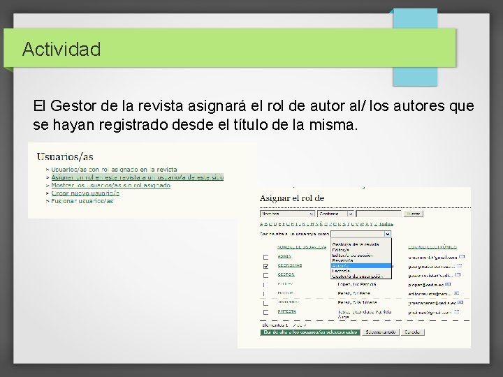 Actividad El Gestor de la revista asignará el rol de autor al/ los autores