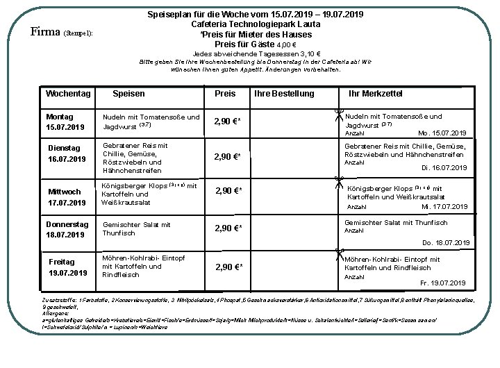 Speiseplan für die Woche vom 15. 07. 2019 – 19. 07. 2019 Cafeteria Technologiepark