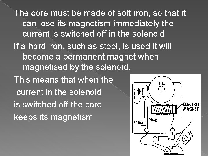 The core must be made of soft iron, so that it can lose its