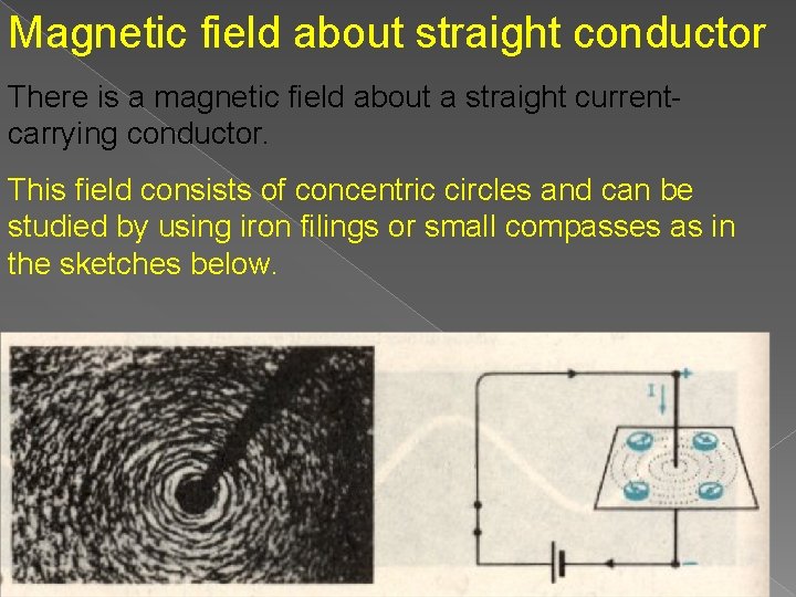 Magnetic field about straight conductor There is a magnetic field about a straight currentcarrying