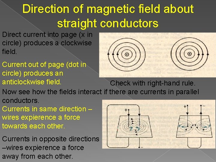 Direction of magnetic field about straight conductors Direct current into page (x in circle)