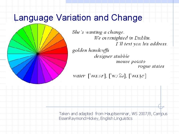 Language Variation and Change Taken and adapted from Hauptseminar, WS 2007/8, Campus Essen. Raymond