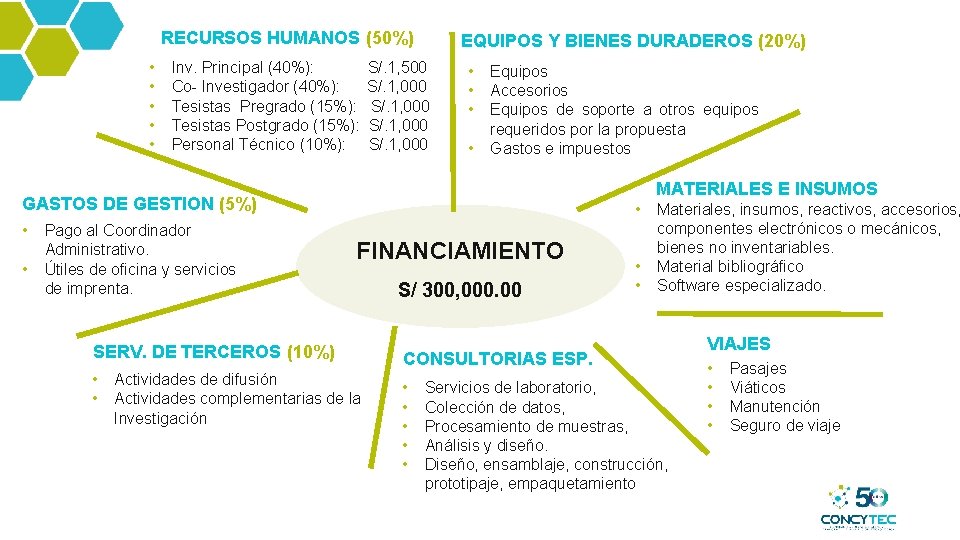 RECURSOS HUMANOS (50%) • • • Inv. Principal (40%): Co- Investigador (40%): Tesistas Pregrado