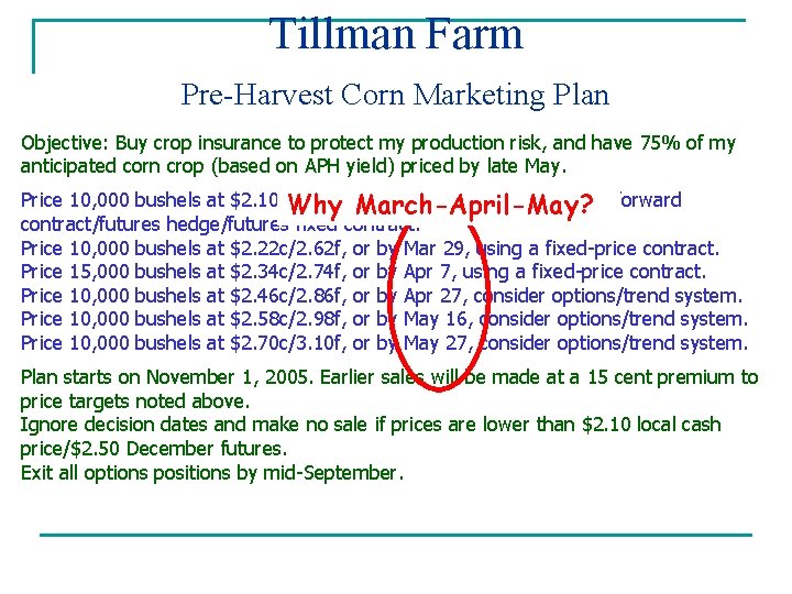 Tillman Farm Pre-Harvest Corn Marketing Plan Objective: Buy crop insurance to protect my production