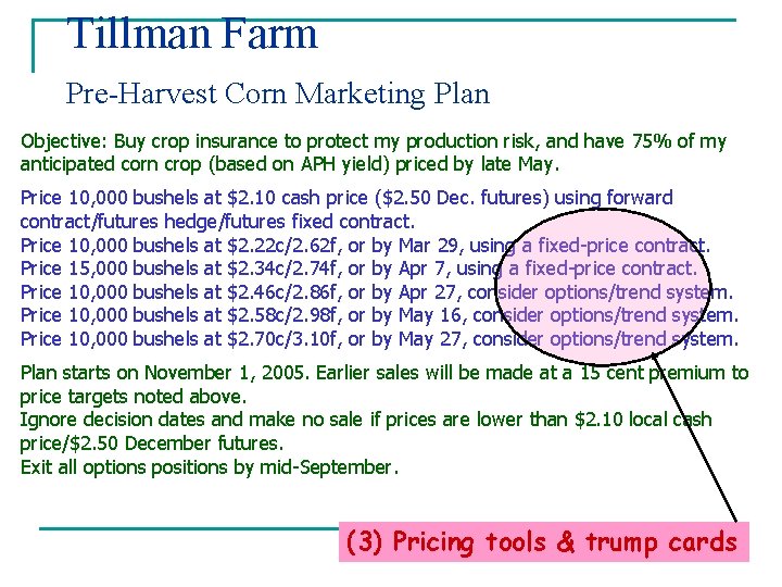 Tillman Farm Pre-Harvest Corn Marketing Plan Objective: Buy crop insurance to protect my production